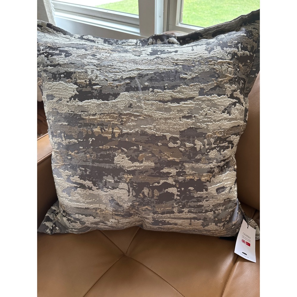 Caldeira Luxury Feather Fill Throw Pillow Grey Silver Gold Jacquard‎ 20x20